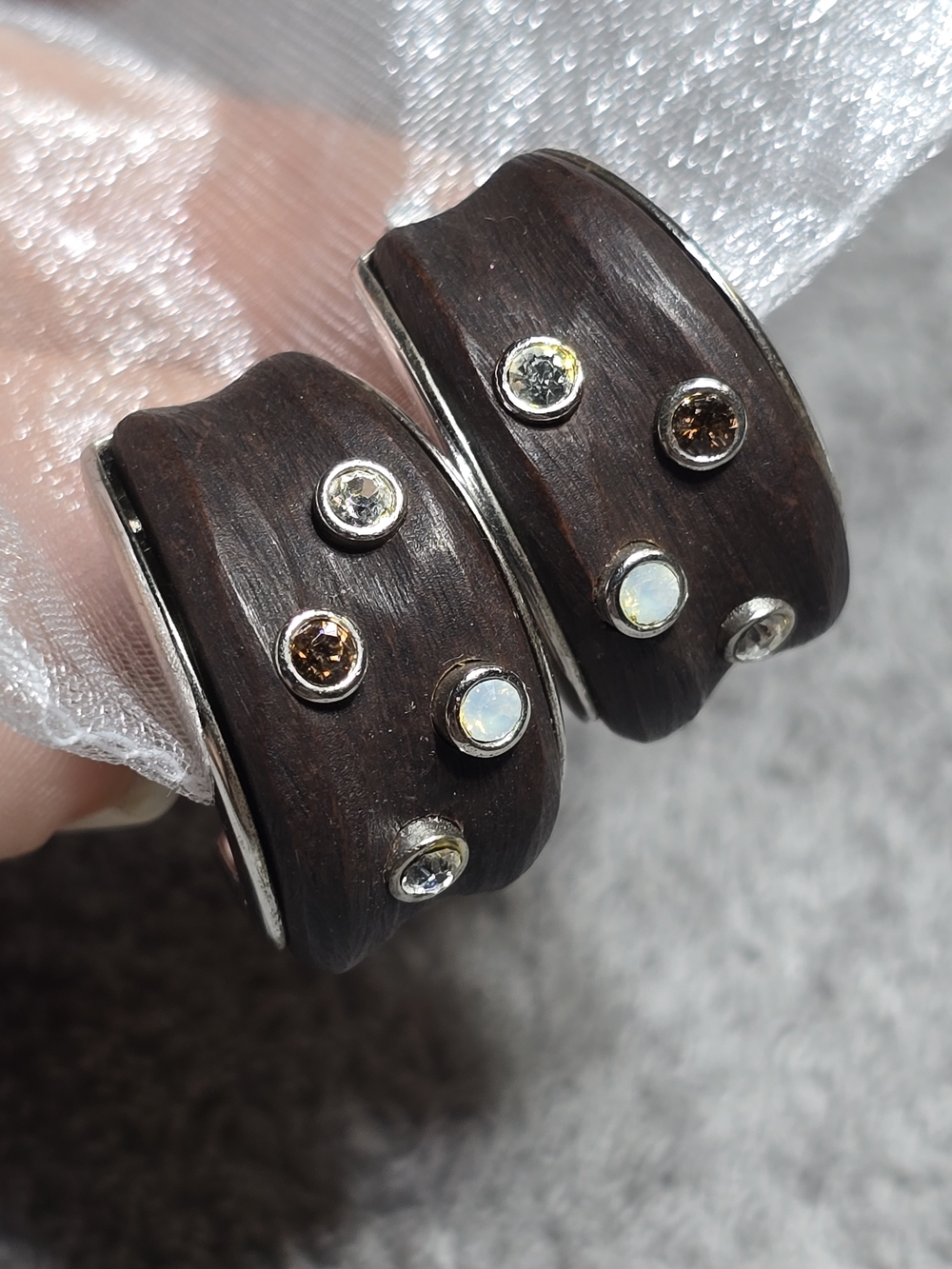 Dark Wood Inlay Hoop Earrings with Multi-Gem Accents 925 Sterling Silver